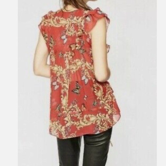The Kooples Butterfly Floral Short Sleeve Red Blouse in Size Small. 100% silk - Picture 2 of 6